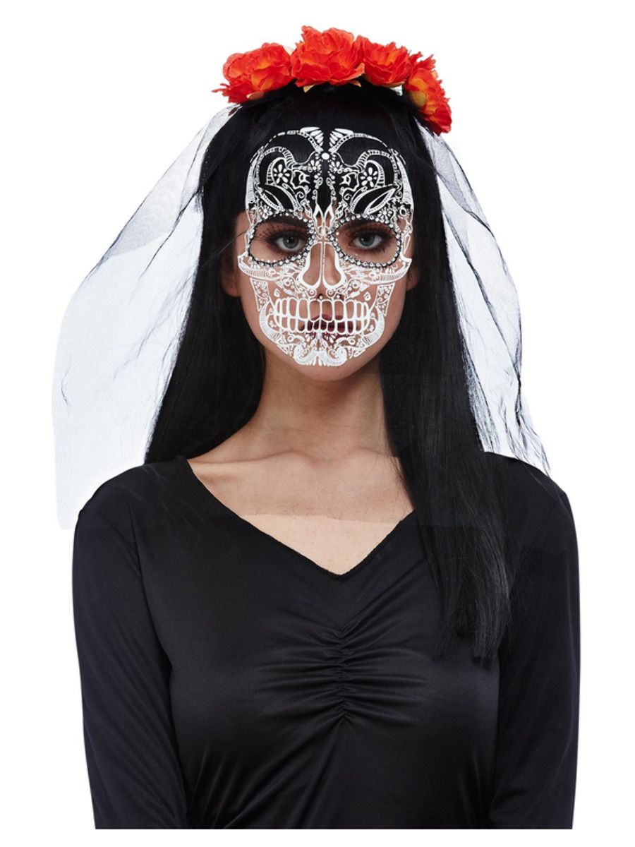 Day of the Dead Headband With Printed Veil Ladies Bride Halloween Fancy Dress