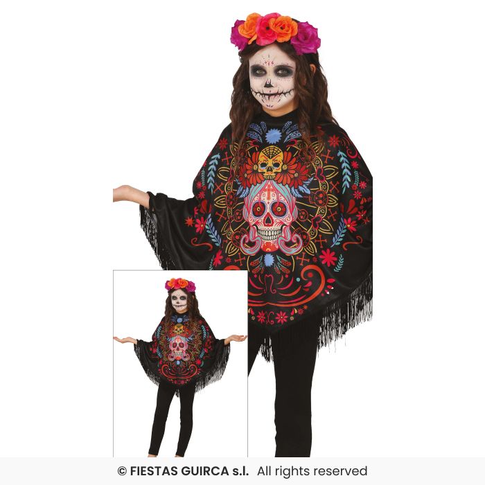 Day Of The Dead Costume Girls Boys Halloween Fancy Dress Outfit Poncho Age 7-9