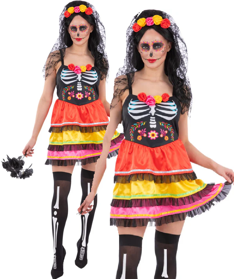 Day of the Dead Fiesta Costume Ladies Halloween Fancy Dress Outfit UK 8-22