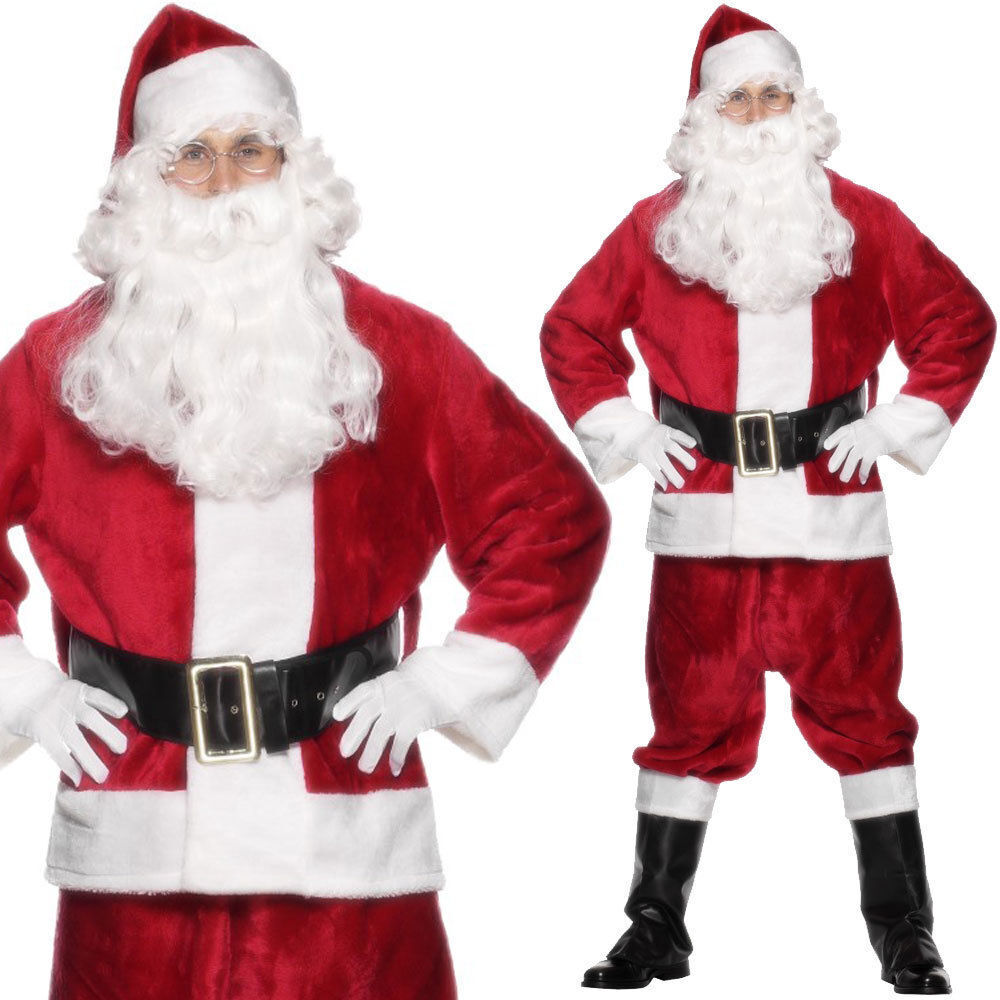 Deluxe Plush Santa Suit Father Christmas Costume Adults Fancy Dress Outfit + Hat