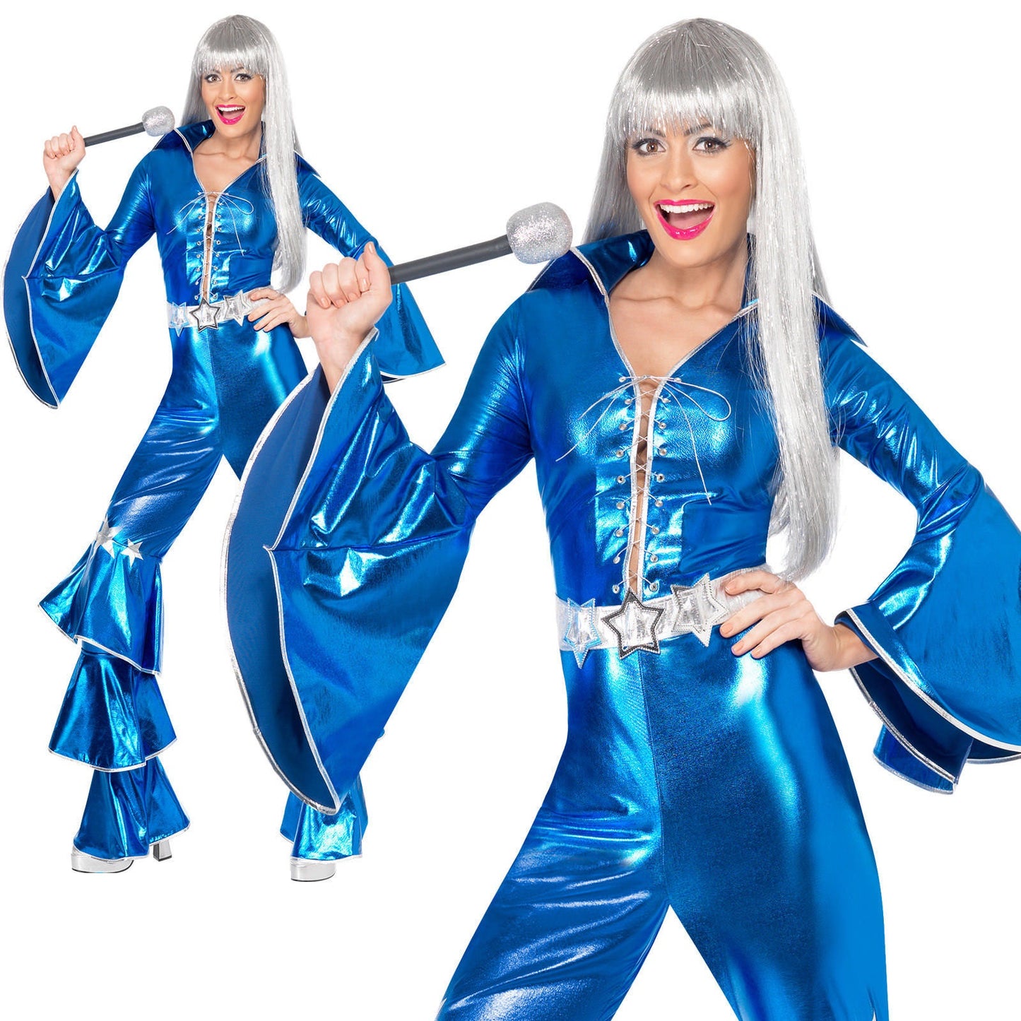 Ladies 70s Dancing Queen Costume Adults Jumpsuit Disco Diva Fancy Dress
