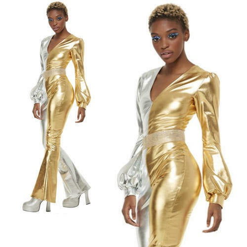 Disco Jumpsuit Female Gold 70's 60's Catsuit Lame Ladies Fancy Dress Outfit