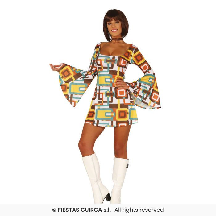 70s Dress Disco Retro Shift Dress Adults Fancy Dress Costume Ladies UK 8-18