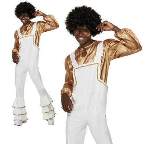 70s White Disco Suit Saturday Night Fever Mens Fancy Dress Costume Dungarees