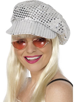 1980s Sequin Disco Hat Ladies 80s Swinging Mod Fancy Dress Accessory Silver Hat