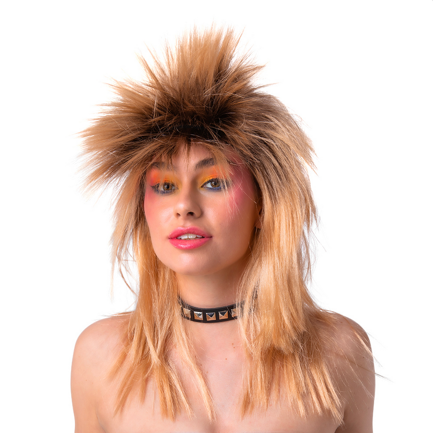 80's Rocker Dirty Blonde Spikey Mullet Rock Diva Wig 1980s Fancy Dress Accessory