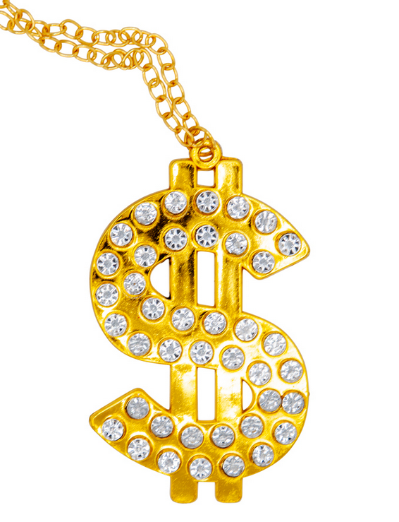 Bling Dollar Necklace Pimp 80s Gangster 70s Disco Fancy Dress Gold Dollar Chain