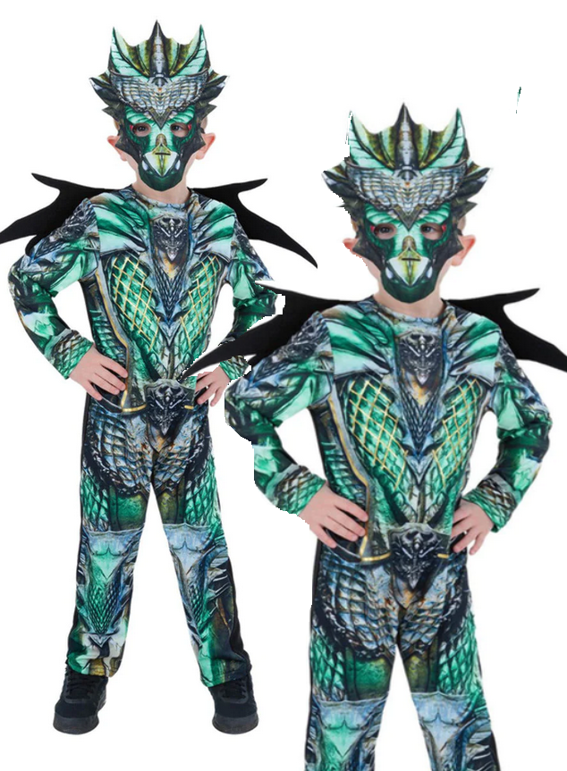 Dragon Costume Boys Mythical Dragons Fancy Dress Outfit + Mask + Wings