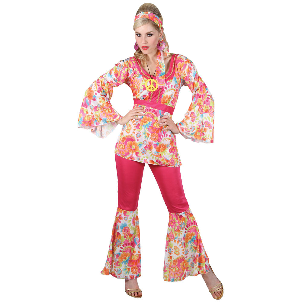Hippy Adult Ladies Costume Hippy Flares Top Outfit 60s 70s Fancy Dress Size 6-28