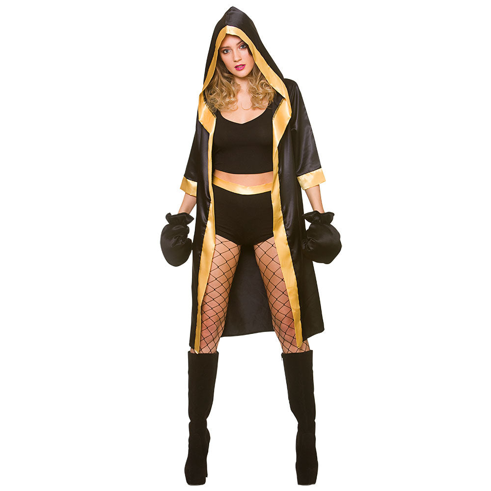 Adult Knockout Boxer Costume & Gloves Fancy Dress Sports Ladies Fighter Champion