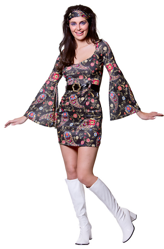 Retro Go Go Girl Ladies Costume 60s 70s Hippy Hippie Fancy Dress Adult Outfit
