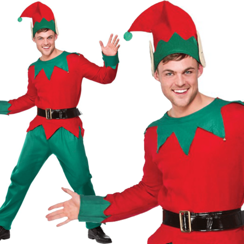 Mens Elf Costume Adults Christmas Elfs Xmas Party Fancy Dress Outfit + Hat