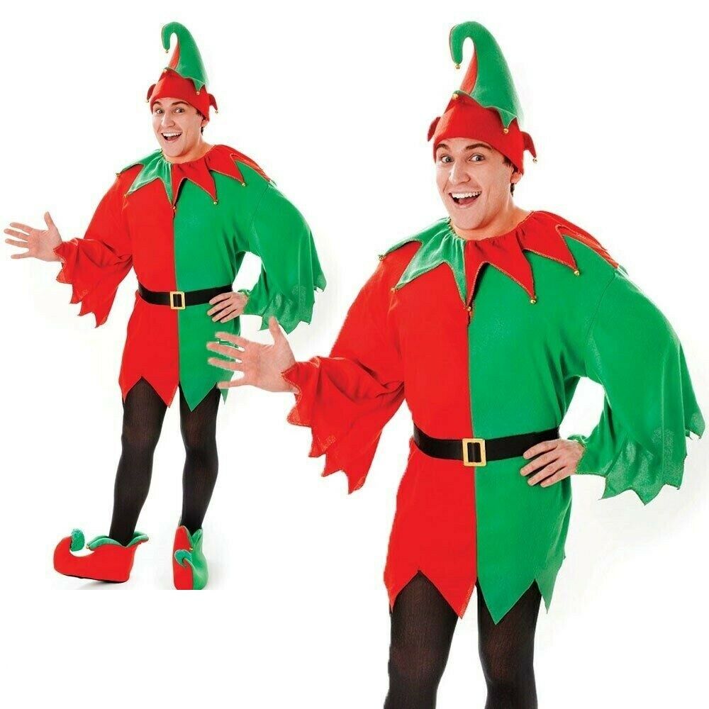 Mens Elf Costume Santas Helper Christmas Mens Ladies Xmas Fancy Dress Outfit