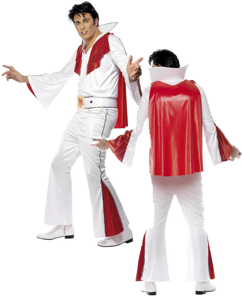 Elvis Costume White & Red Official Licensed Rock N Roll King Fancy Dress Mens