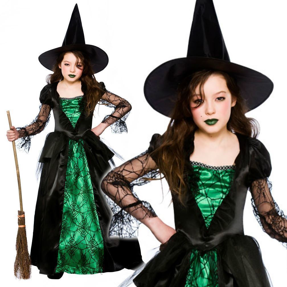 Green Witch Costume Girls Emerald Halloween Fancy Dress Outfit New
