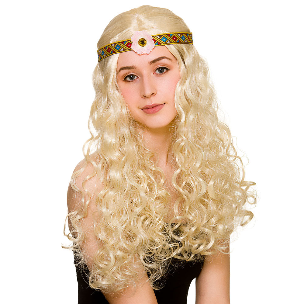 Adult Ladies Blonde 60s 70s Flower Power Hippie Hippy Wig Fancy Dress Costume