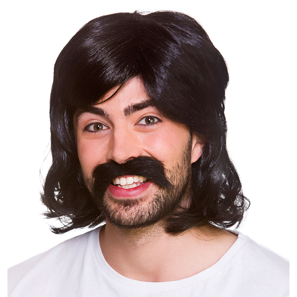1970s Black Mens Disco Fever Wig 70s Adult Fancy Dress Wig + Tash