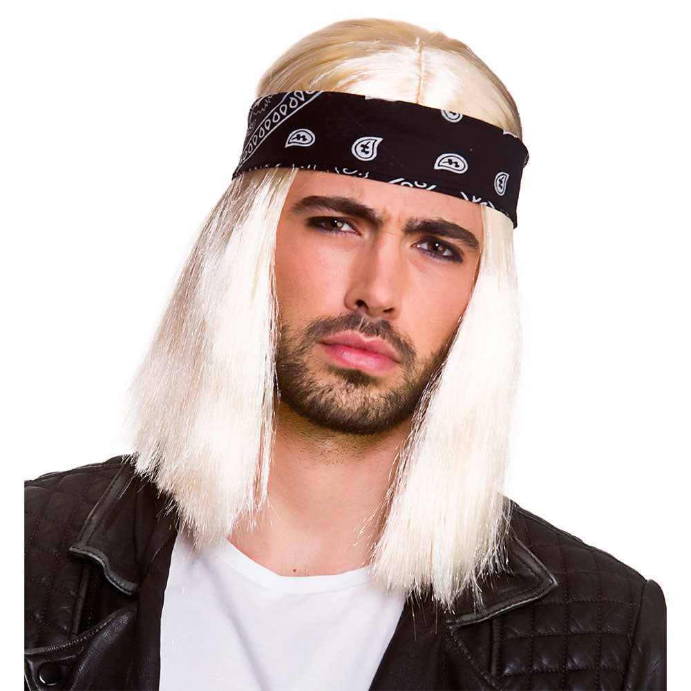 90s Rocker Wig Blonde Mens Fancy Dress Costume Wig + Bandana Blonde New