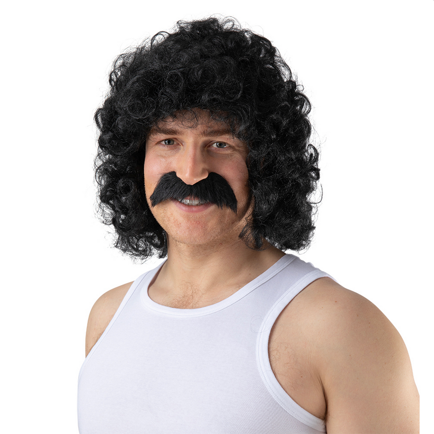 Perm + Moustache Adults Black Curly Mens Wig 70s Disco Fancy Dress
