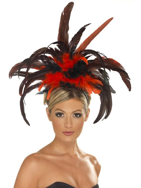 Show Girl Headband Red Black Feather Can Can Headpiece Fancy Dress