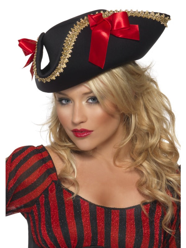 Fever Pirate Hat Ladies Deluxe Black Pirate Hat With Bows Fancy Dress Prop