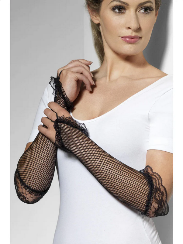 Burlesque Punk Fingerless Fishnet Gloves Black Adult Womens Fancy Dress Accessory