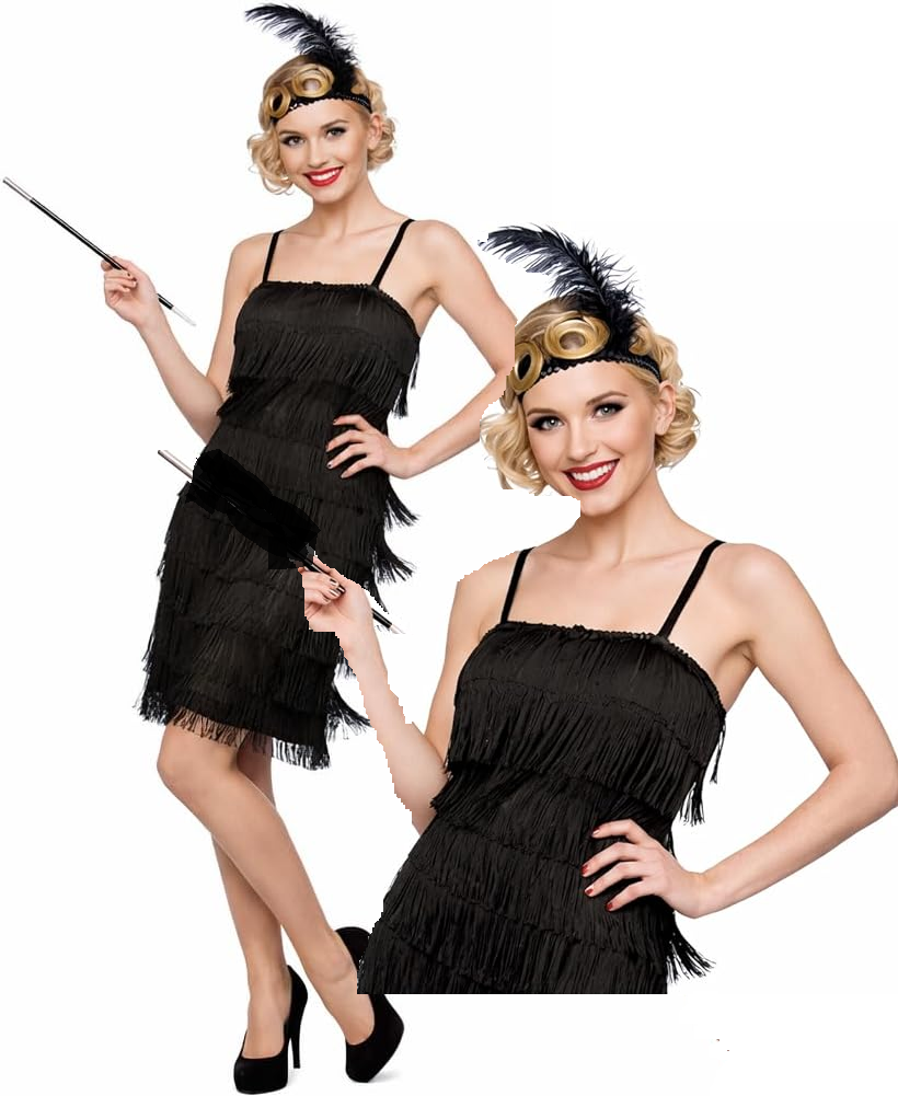 Adult Charleston 20s Black Jazzy Flapper Fringe Fringed Fancy Dress Costume