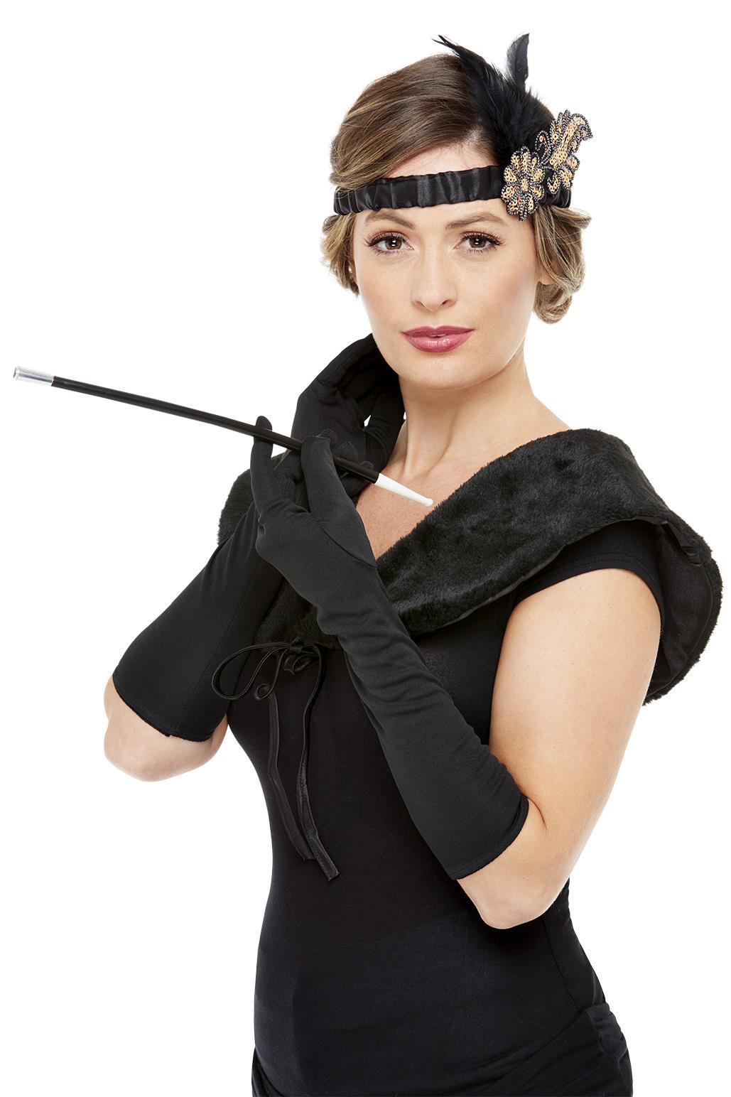 Deluxe 1920's Flapper Kit Black & Gold Cigarette Holder Instant Kit Stole Fancy dress