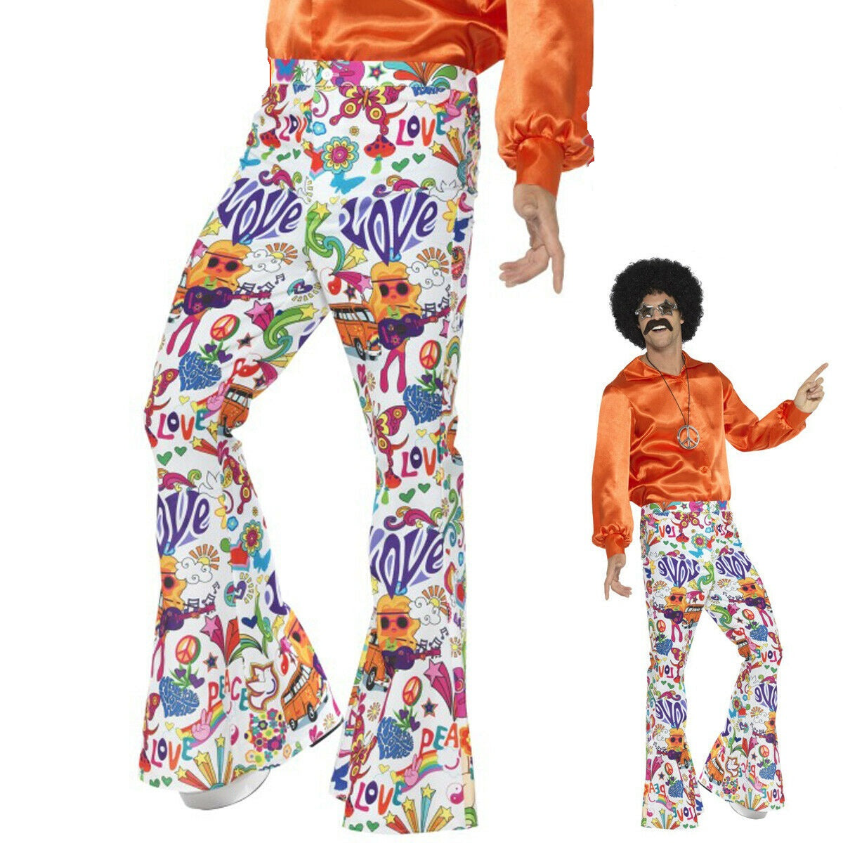 Mens 60s Hippy Hippie 70s Disco Flares Flared Trousers Adult Fancy Dress Outfit