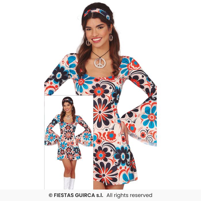 Flower 70s Dress Disco Retro Shift Dress Adults Fancy Dress Costume Ladies UK 8-18