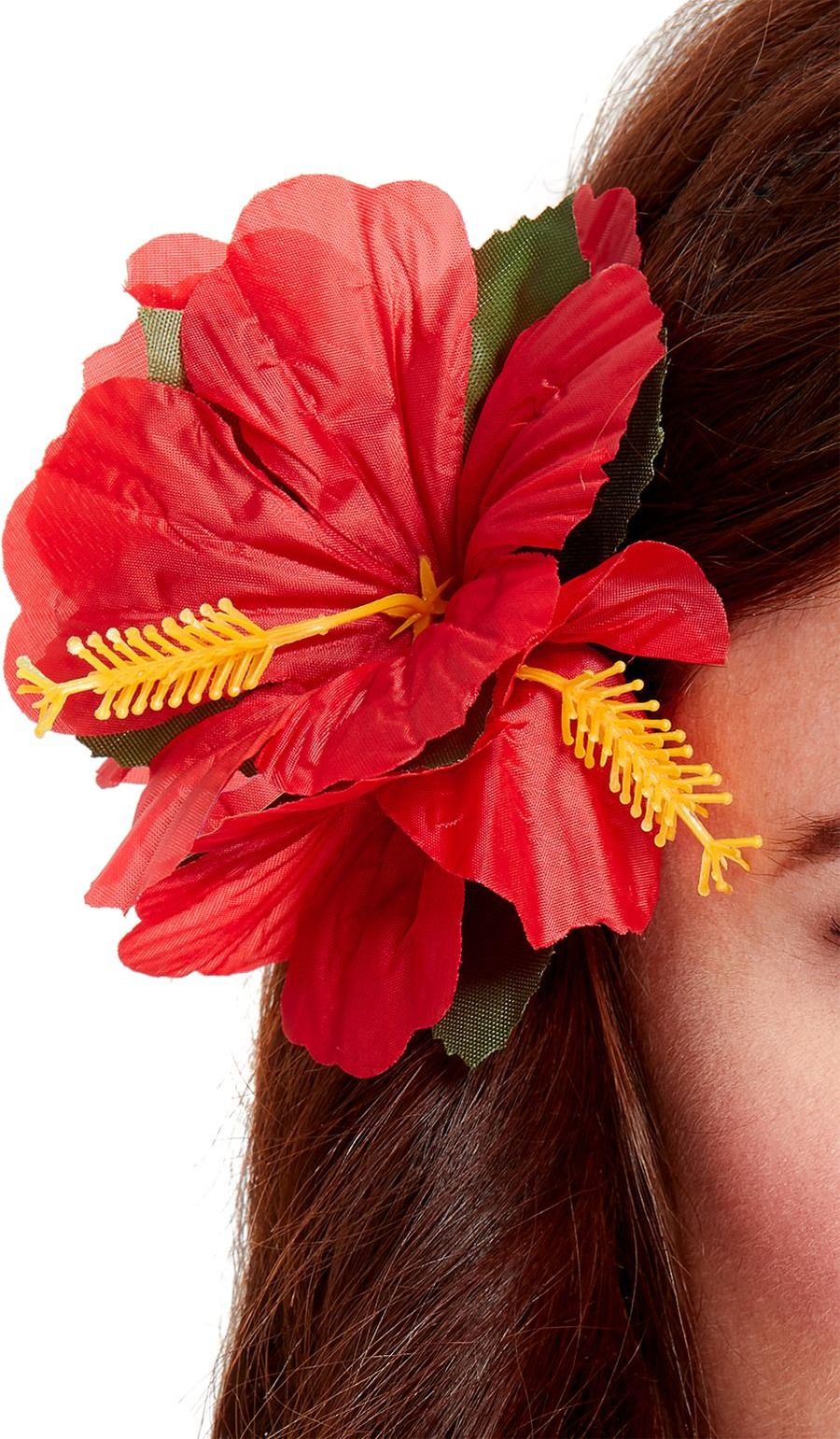 Red Flower Hawaiian Hair Clip Fancy Dress Costume Tropical Ladies Accessory