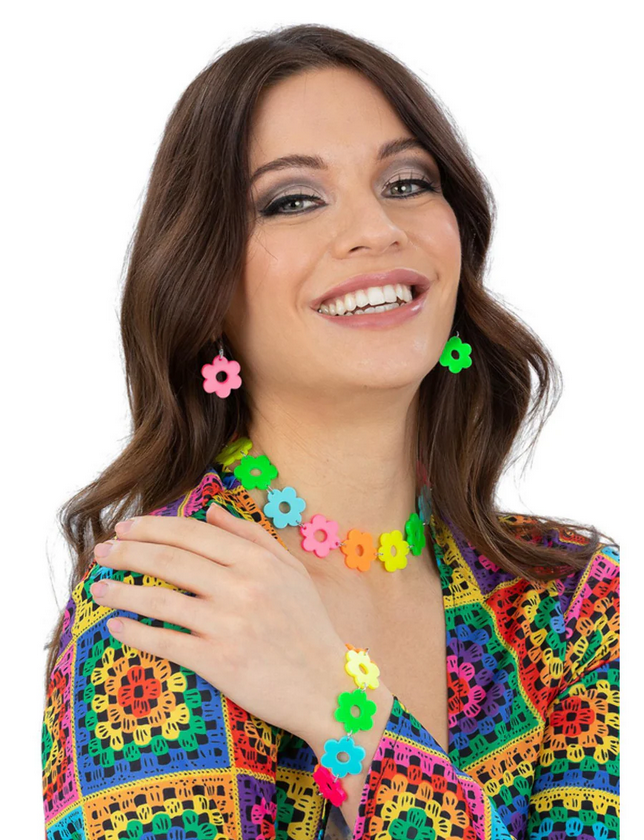 Neon Flower Power Jewellery Set Hippie Fancy Dress 60s 70s Hippy Set