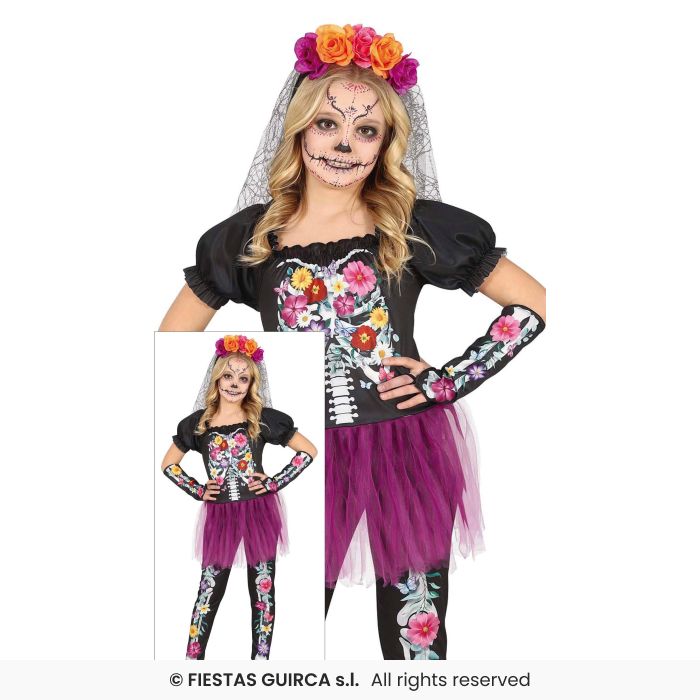 Flower Skeleton Girls Day Of The Dead Halloween Fancy Dress Costume Age 3-12