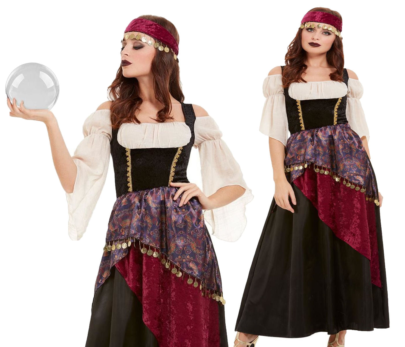 Ladies Deluxe Romany Gypsy Fortune Teller Fancy Dress Outfit Womens Co