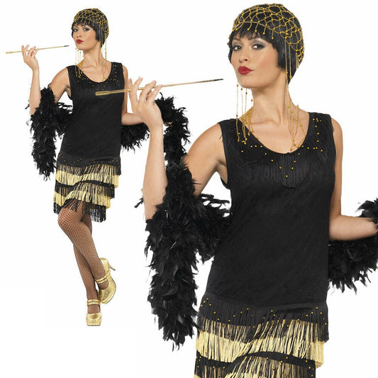 20s Fringed Flapper Black With Gold