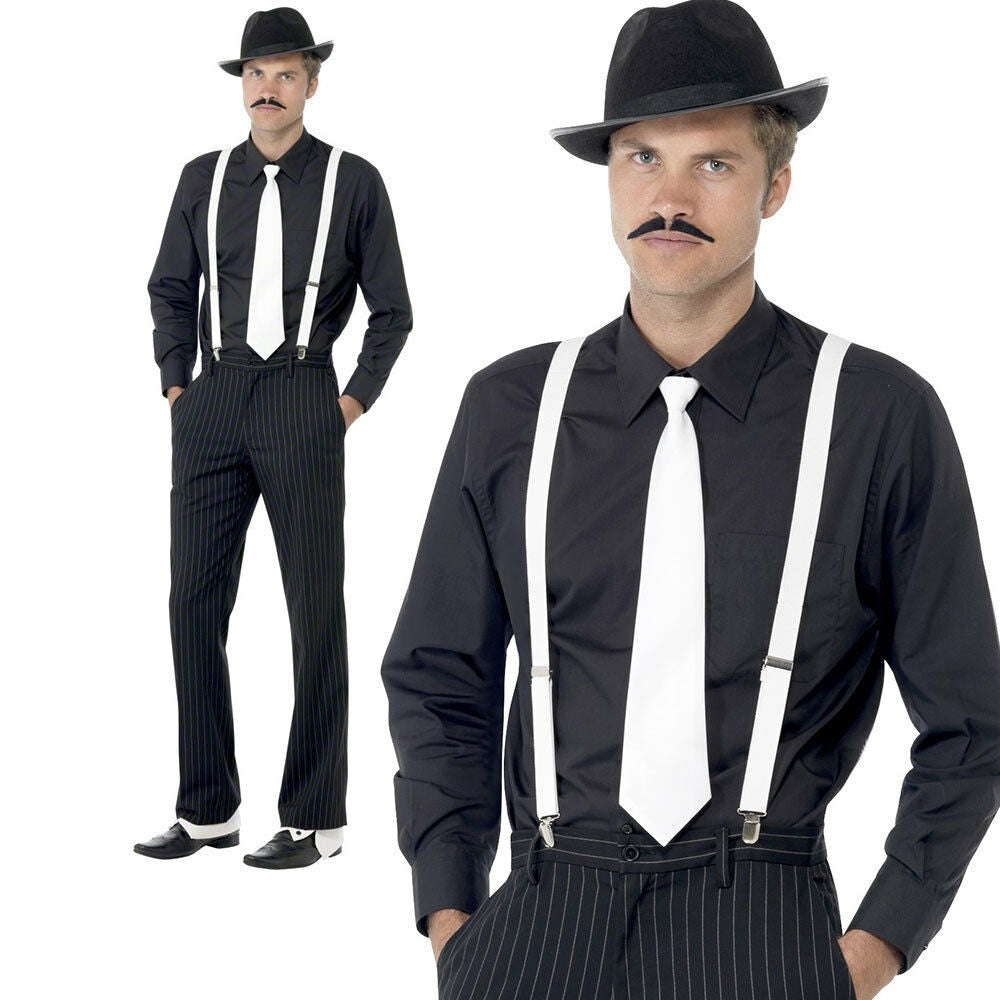 Gangster Instant Kit Costume Hat Tie Braces and Tash Mens Fancy Dress 1920s