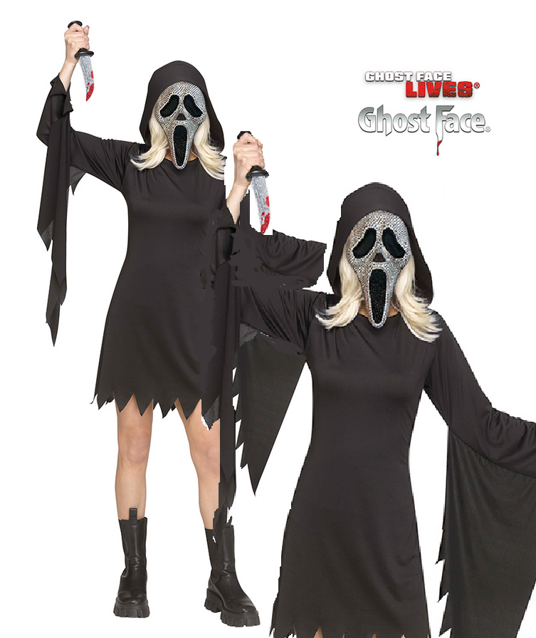 Ghost Face Bling Scream Costume Ladies Official Halloween Fancy Dress + Mask