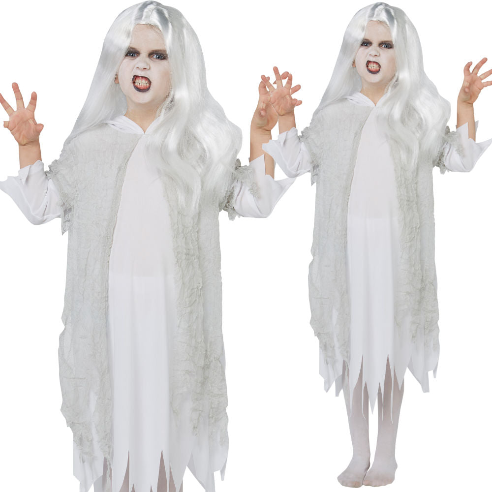 Ghostly Spirit Costume Girls Halloween Ghost Bride Fancy Dress Outfit + Wig