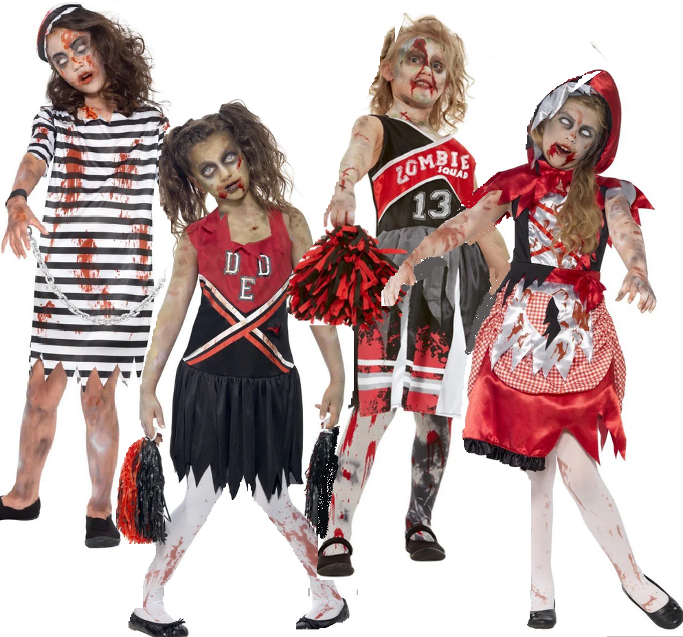Zombie Girls Costume Halloween Kids Fancy Dress Cheerleader Outfit School Girl