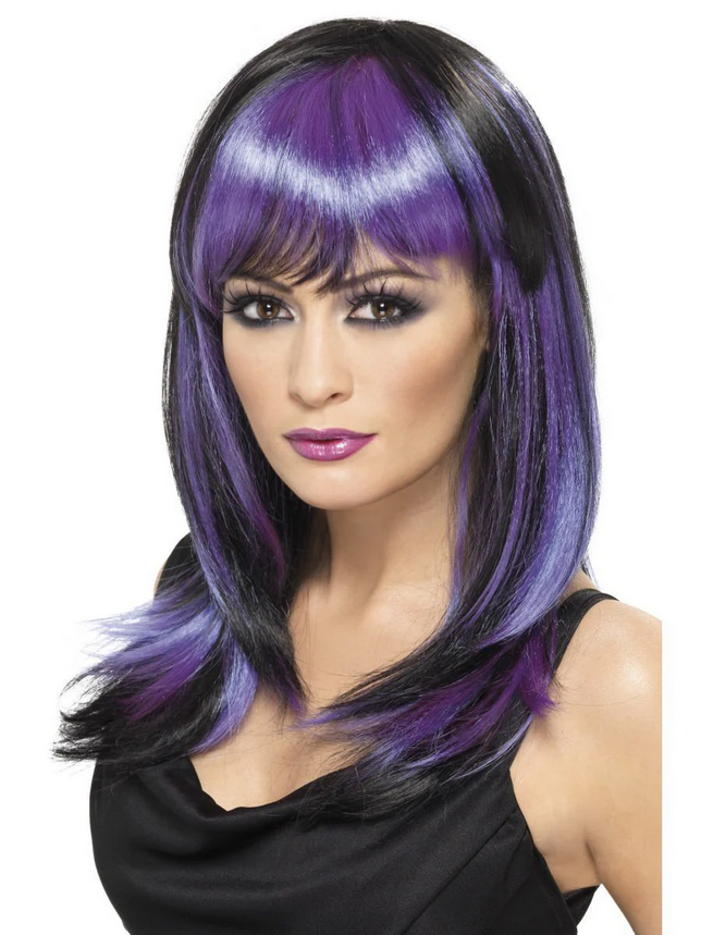 Glamour Witch Wig Adults Halloween Witches Wig Black & Purple Fancy Dress
