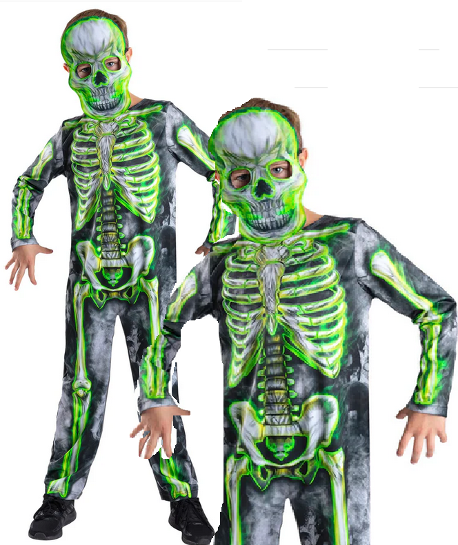 Glow Skeleton Costume Green Glow In The Dark Kids Fancy Dress Outfit Age 4-12