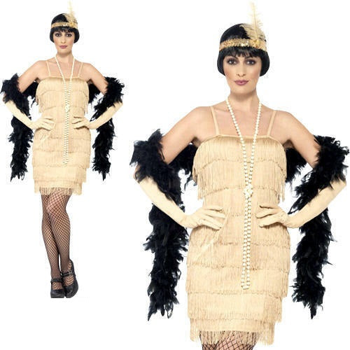 Gold Flapper Costume Ladies 1920s 20s Roaring Flapper Fancy Dress Outfit
