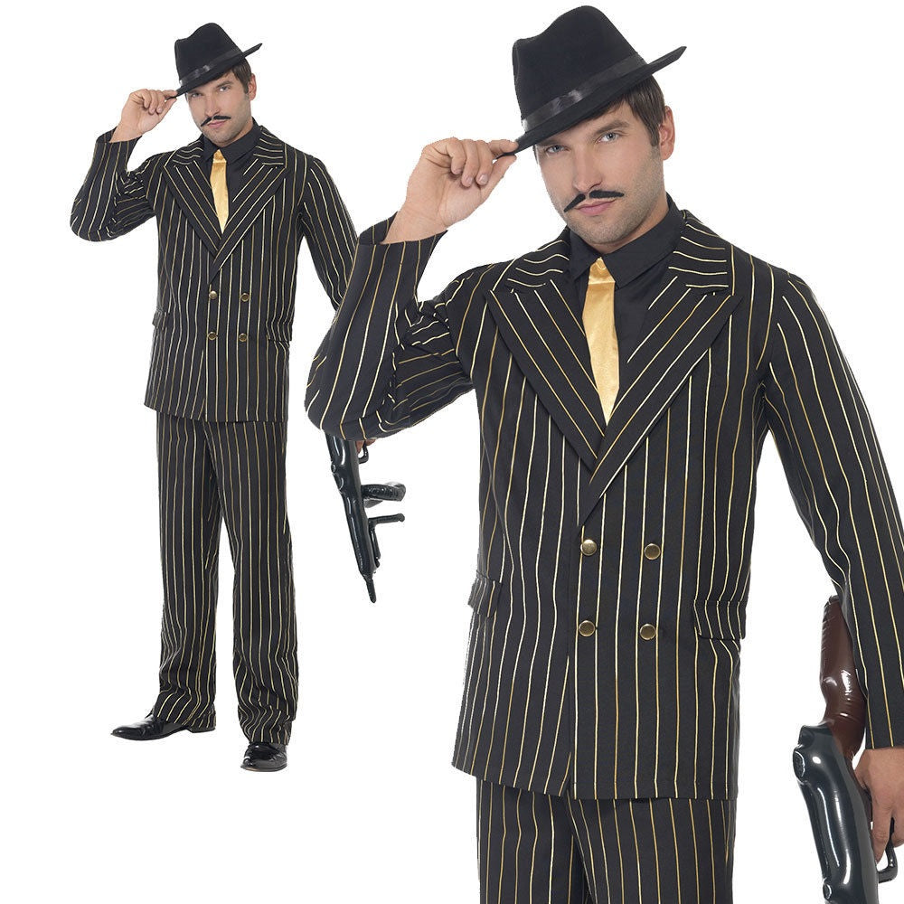 Adult Gangster Mafia Costume Black Gold Pinstripe Mens 20's Fancy Dress