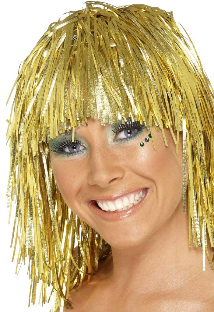 Gold Tinsel Wig Ladies Novelty Fancy Dress Costume Accessory