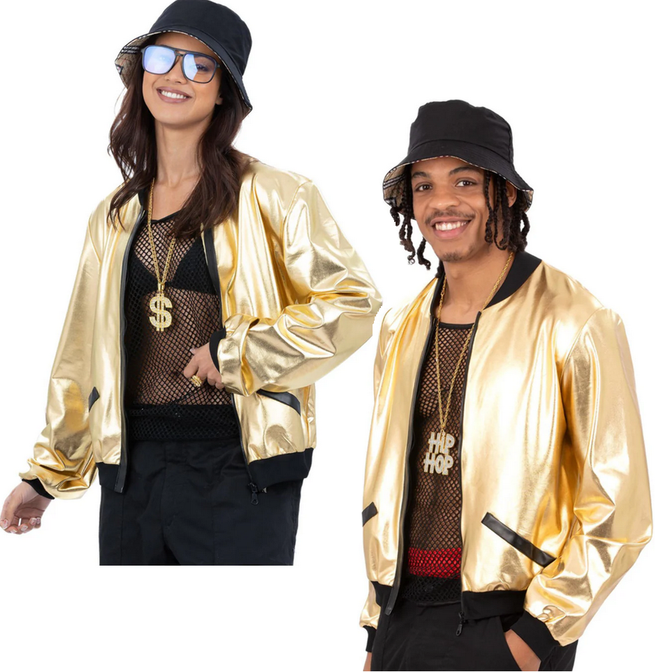 Gold Bomber Jacket Ladies Mens 1990s Rap Rapper Pop Star Fancy Dress Ladies 90s