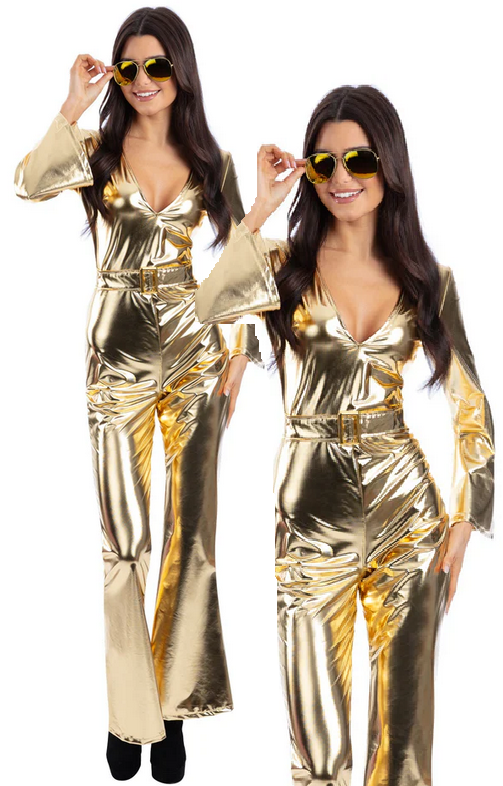 24 Carat Gold Diva Costume Metallic Gold Jumpsuit Ladies 70s Fancy Dress