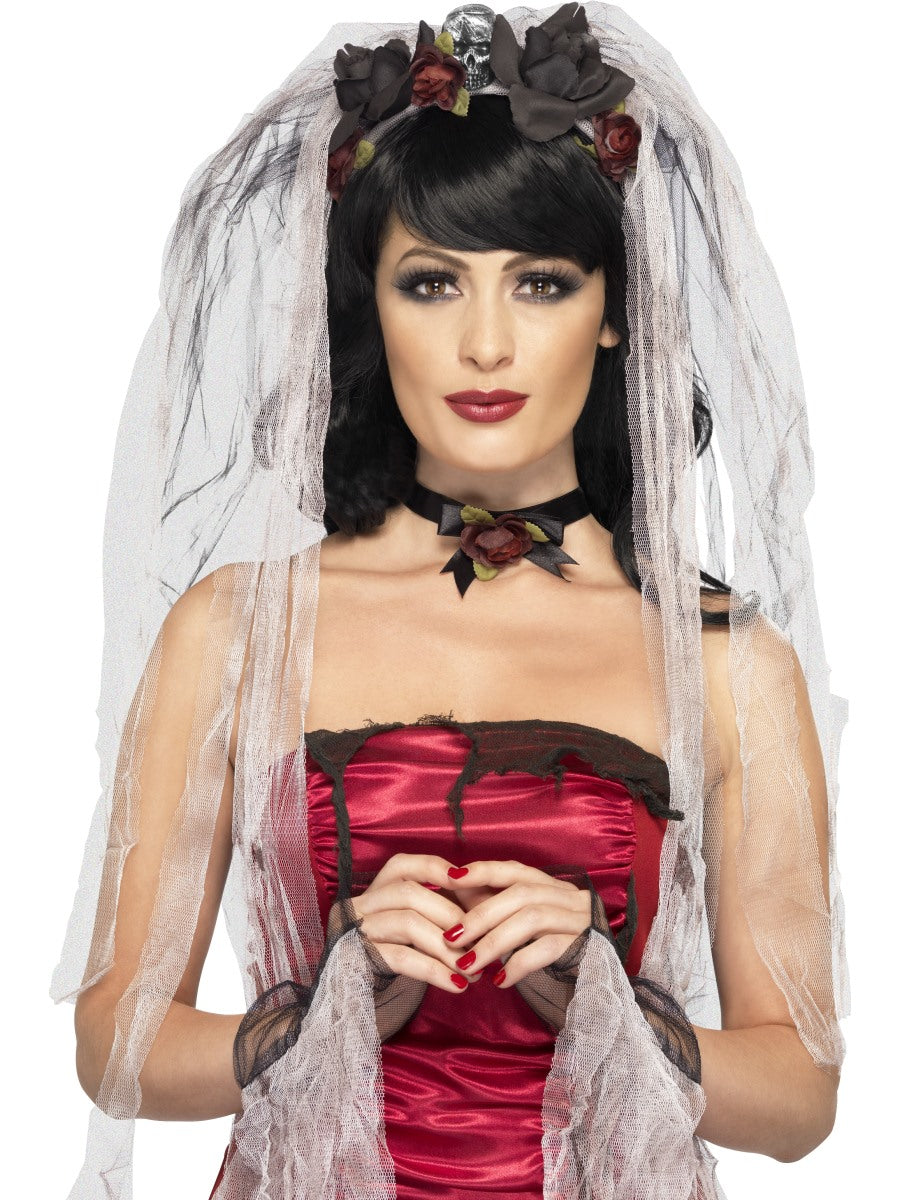 Ladies Corpse Bride Fancy Dress Veil Gloves Gothic Halloween Womens New