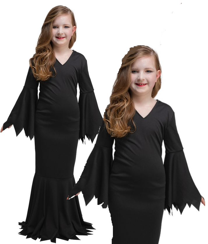 Gothic Girl Halloween Vampiress Fancy Dress Costume Kids Morticia Outfit
