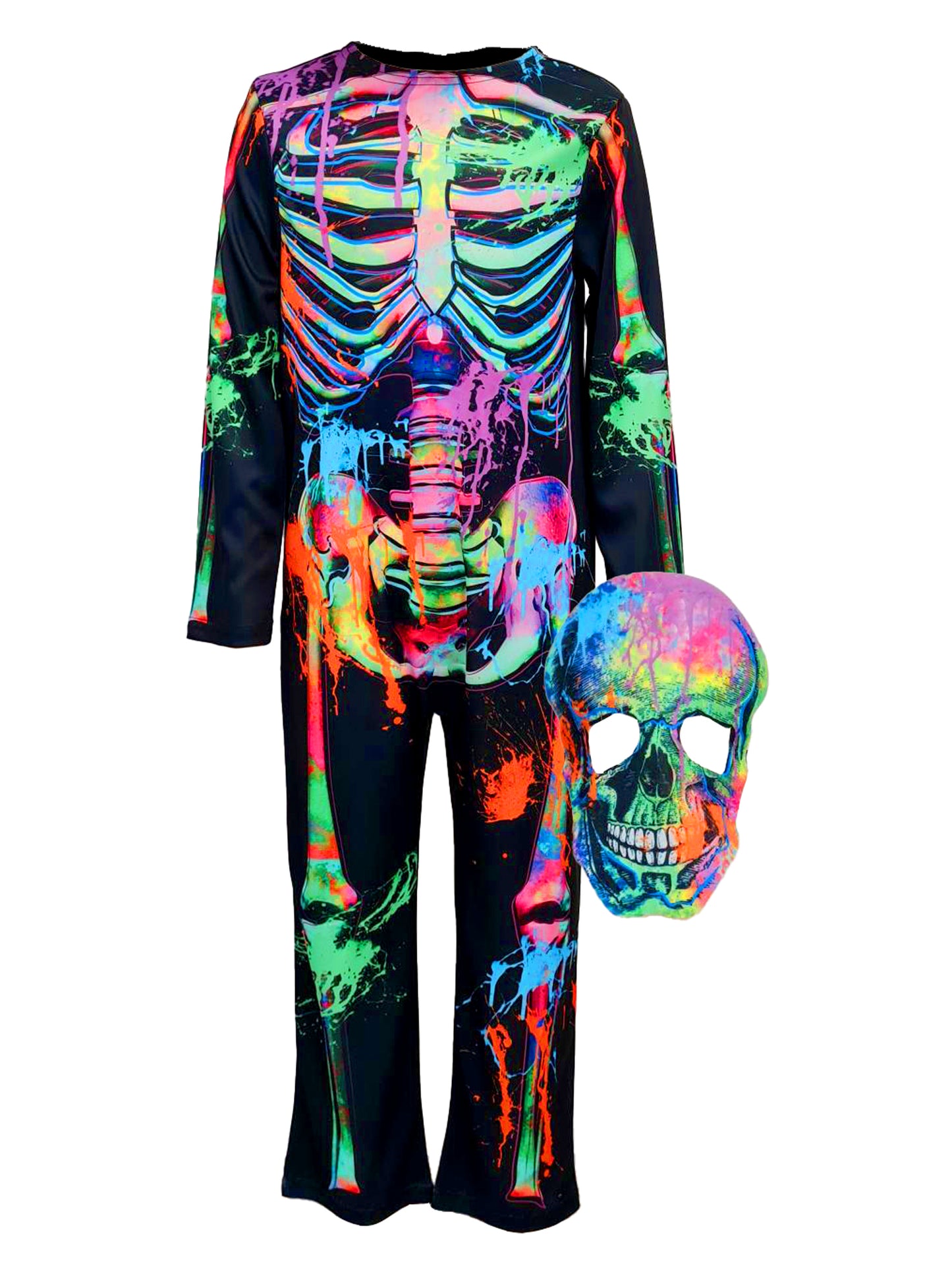 Bonesky Graffiti Skeleton Kids Colourful Halloween Fancy Dress Costume + Mask