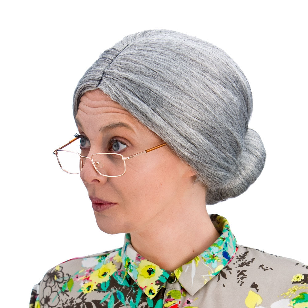Adult Ladies Short Grey Old Lady Granny Grandma Bun Wig Fancy Dress New